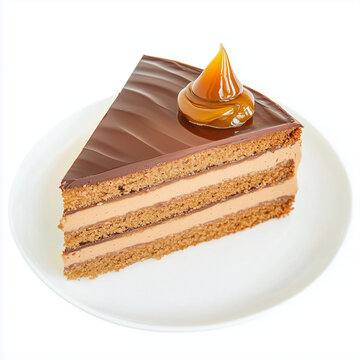 Hungarian dobos torte slice with caramel topping and layered sponge cake on white plate, isolated on white background, elegant presentation for dessert or cafe display