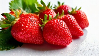 Freshly Harvested Ripe Strawberries with Dewdrops and Green Leaves