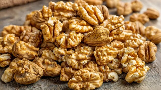 Kernel Hard Seeds, Pile of organic walnuts with cracked shells and kernels