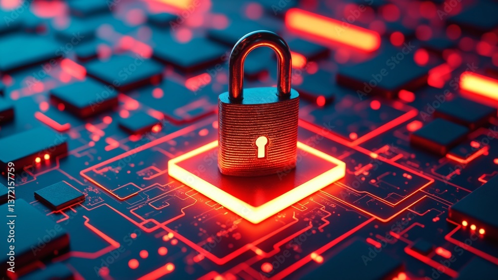 Poster Digital Security Concept Featuring a Metallic Padlock on a Glowing Red Base Surrounded by Abstract Technology Elements