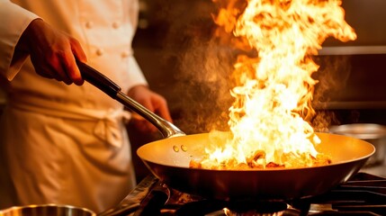 Chef Tossing Ingredients in a Pan with High Flame