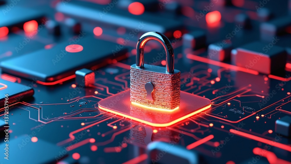 Poster Digital Security Concept Featuring a Metallic Padlock on a Glowing Red Base Surrounded by Abstract Technology Elements