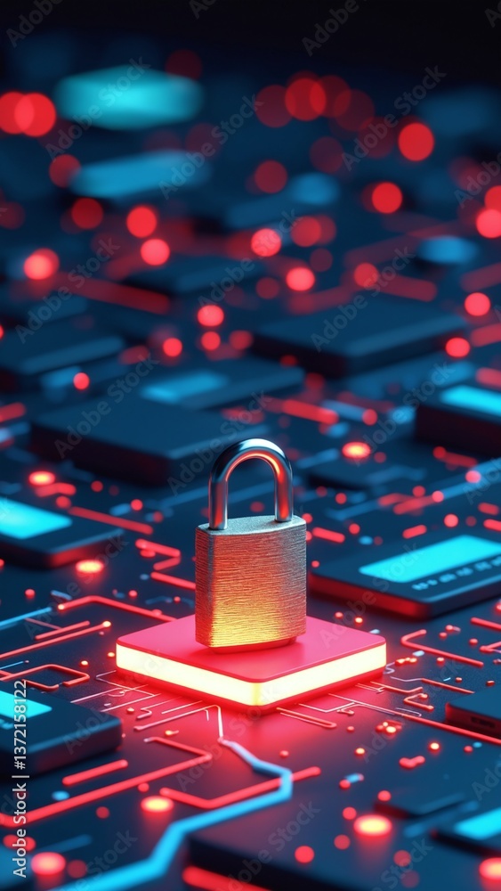 Aufkleber digital security concept featuring a metallic padlock on a glowing red base surrounded by abstract t