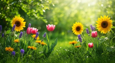 Obraz premium A sunny garden with various flowers and lush green foliage
