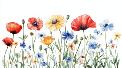 Obraz premium Poppy, chamomile, cornflower, clover, anemone and sunflower watercolor wildflowers. illustration