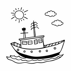 Playful Black and White Fishing Boat Illustration with Sun and Clouds