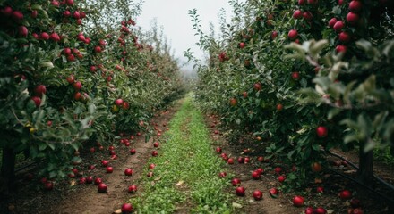 Lush apple orchard with ripe red apples and fallen fruit on the ground