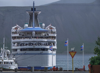 Classic expedition cruiseship cruise ship liner Delphin docked at pier in Grundafjördur, Iceland...