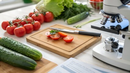 vegetables on a wood board with laboratory optical microscope