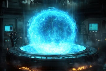 Energy sphere generated in a futuristic laboratory during an experimental procedure