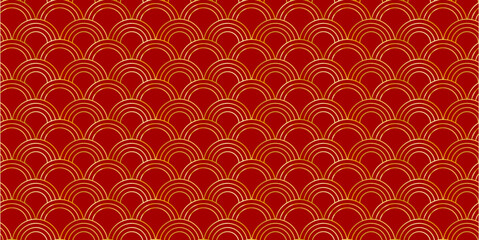 Golden half-circle pattern on red background with traditional Chinese vibe. Elegance pattern for festive,cultural theme, print, wrapping paper, packageing, wallpaper, banner. Flat vecot illustration