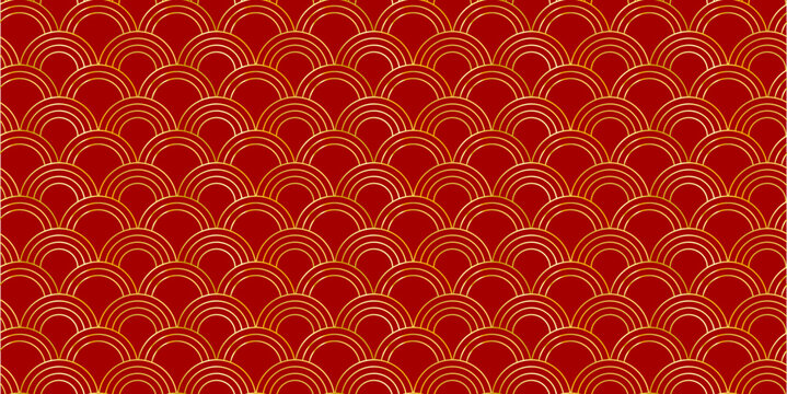 Golden half-circle pattern on red background with traditional Chinese vibe. Elegance pattern for festive,cultural theme, print, wrapping paper, packageing, wallpaper, banner. Flat vecot illustration