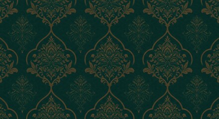 Elegant Emerald Damask: Intricate damask pattern in rich emerald and bronze tones, creates a luxurious ambiance with a vintage-inspired design.