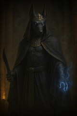 An imposing depiction of Anubis guarding a hidden tomb entrance. Cloaked in black and gold with a glowing dagger and ethereal energy, he wards off intruders amid swirling sand and ancient shadows.
