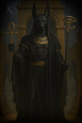 Anubis, the Egyptian god of the afterlife, depicted standing in a grand temple, wearing black and gold robes, holding an ankh and staff. Mystical and powerful ambiance.