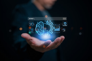 Futuristic Hand Held Interface Close Up On Ai Data Analysis Tech Dark, Glowing Interface Overlaid On Hand, Featuring An Ai Brain, Data Visualizations, Prompt This Tech focused Artificial Intelligence