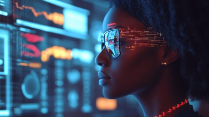 Side profile of an African American IT professional, scanning augmented reality data feeds, cyber security alert signals, AI integration with holographic visuals illustration