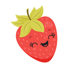 Smiling cartoon strawberry with eyelashes and green leafy top detail