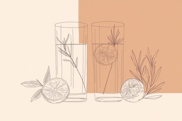 Minimalistic line art of citrus beverages with herbs on a two-tone background
