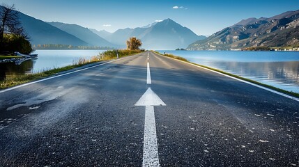 A straight asphalt road with a forward-pointing white arrow, passing through a tranquil lake district with calm waters and mountains in the background, evoking a sense of peace and forward momentum.