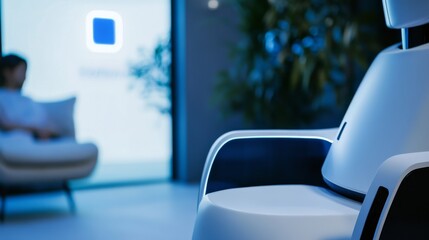 Fototapeta premium A futuristic AI powered robotic therapist, offering virtual mental health consultations, high-tech therapy center