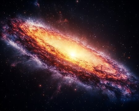 A bright spiral galaxy appears in the vast and dark cosmic space