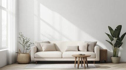 Minimalist modern living room interior background, Scandinavian style, 3D render illustration