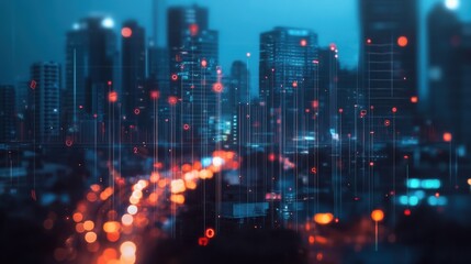 Urban skyline at night with blurred lights and graph line overlay, cityscape representing data analysis illustration