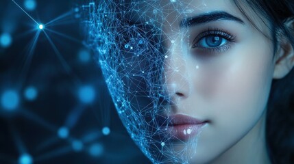 A woman's face with a network overlay, showcasing advancements in facial recognition and artificial intelligence in technology. illustration