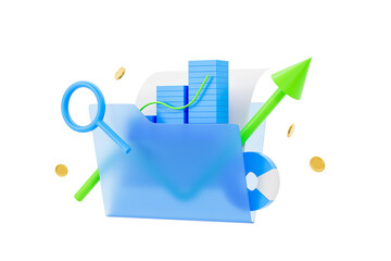 Financial data analysis concept with folder, magnifying glass, chart, and upward arrow. 3D Rendering