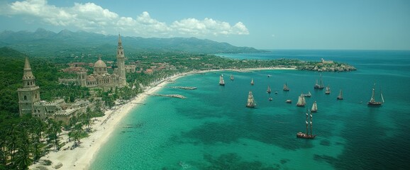 Obraz premium Aerial view of towers, beaches, and sailboats on a blue sea with mountains in the background