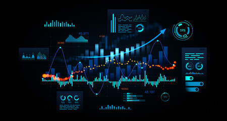 Futuristic financial data analytics dashboard with glowing blue and orange graphs, bar charts, and statistics on a dark background. 3D Rendering