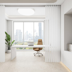 Modern minimalist office with white furniture, a desk, chair, and a green plant near a large window overlooking a city skyline in the background. 3D Rendering