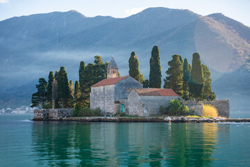 View from water of St. George Island near town Perast, Kotor bay, Montenegro