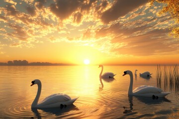 Fototapeta premium Swans gracefully glide across a tranquil lake at sunset creating a serene natural landscape