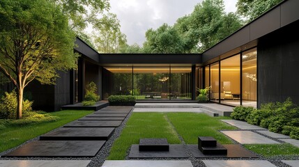 Modern black house courtyard with garden, trees, evening ambiance, architectural visualization