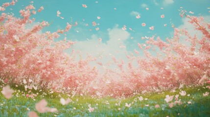 A sea of pink cherry blossoms sways in the wind, with clear blue skies and green grass at their feet