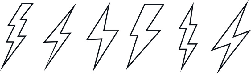 Outline Lightning Bolt Icon Set. Thin Line Thunderbolt Vector Pack for Electric Energy, Voltage, UI Design, and Technology Interfaces