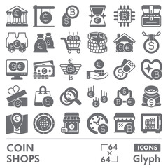 Coin shops symbols collection or sketches. bitcoin market theme icons in glyph style signs for web and app. Vector graphics isolated on white background.