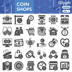 Coin shops symbols collection or sketches. bitcoin market theme icons in glyph style signs for web and app. Vector graphics isolated on white background.
