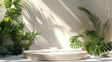 Fototapeta premium Luxury-inspired 3d summer product display podium sleek circular stand glowing sunlight and tropical shadows creating a natural vacation ambiance