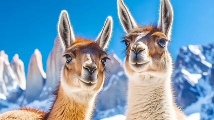 Obraz premium Two llamas smile with snowy mountains in the bright background