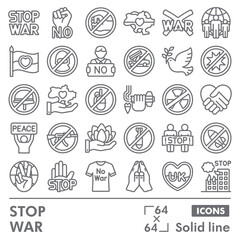 Stop war symbols collection or sketches. no war theme icons in line style signs for web and app. Vector graphics isolated on white background.