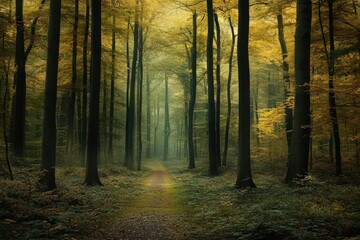 Obraz premium Mystical forest pathway surrounded by tall trees on a foggy day in autumn