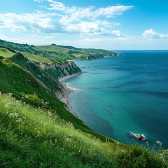 Fototapeta premium Coastal scene with green grass and blue water.