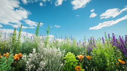 Obraz premium Large area of blue sky, few green plants, various flowers and plants, beautiful scenery, realistic, 4K, soft 
