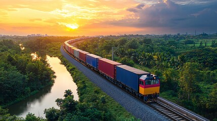 logistics infrastructure driving growth. Train travels through scenic landscape at sunset.