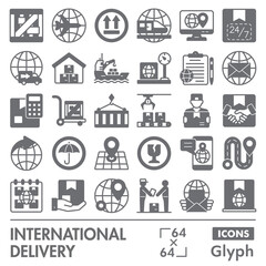 Delivery service symbols collection or sketches. international delivery theme icons in glyph style signs for web and app. Vector graphics isolated on white background.