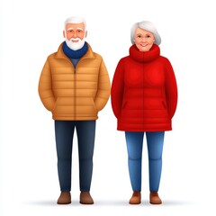 Cheerful elderly couple in cozy winter clothing on white background