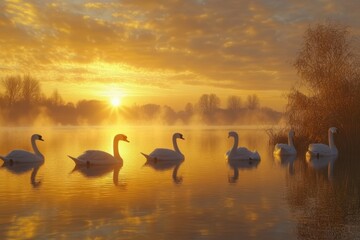 Naklejka premium Swans gracefully swim in tranquil waters during a golden sunrise at a peaceful lake
